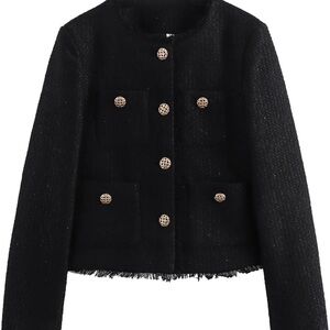 Black Tweed Blazer Jacket with Military-Inspired Design